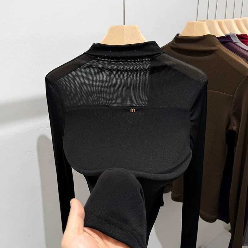 French-style patchwork mesh long-sleeved T-shirt, women's autumn 2025 new style, slim fit, flattering inner layer top.