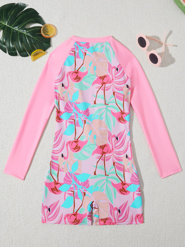 Long-sleeved one-piece children's swimsuit for girls—cute, modest zip-up printed diving suit/swimsuit for little girls