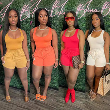 2022亚马逊独立站新款欧美两件套性感女装背心短裤系绳休闲套装