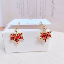 微鑲鋯石精致紅色楓葉耳扣氣質復古時尚爆款耳環甜美淑女優雅耳飾