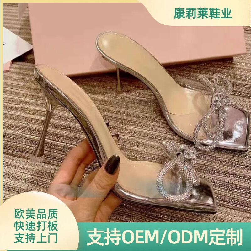 Cross-border wholesale European and American style transparent summer high heel sandals square head laser rhinestone bow open toe slippers women