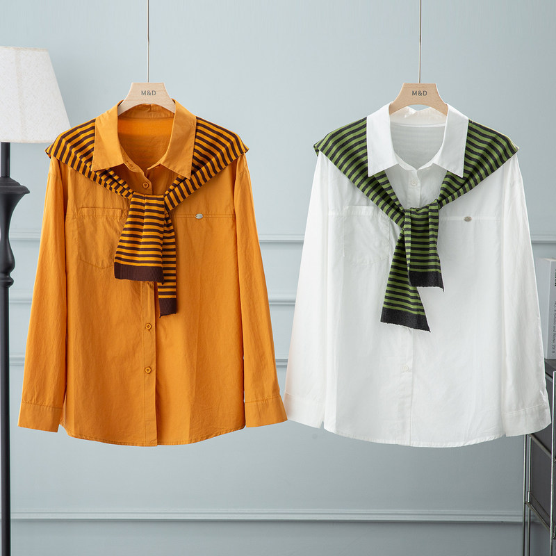 Knitted shawl paired with a long-sleeved shirt jacket, women's clothing, 2026 early autumn new style, this year's popular mid-length top Knitted shawl paired with a long-sleeved shirt jacket, women's clothing, 2026 early autumn new style, this year's popular mid-length top
