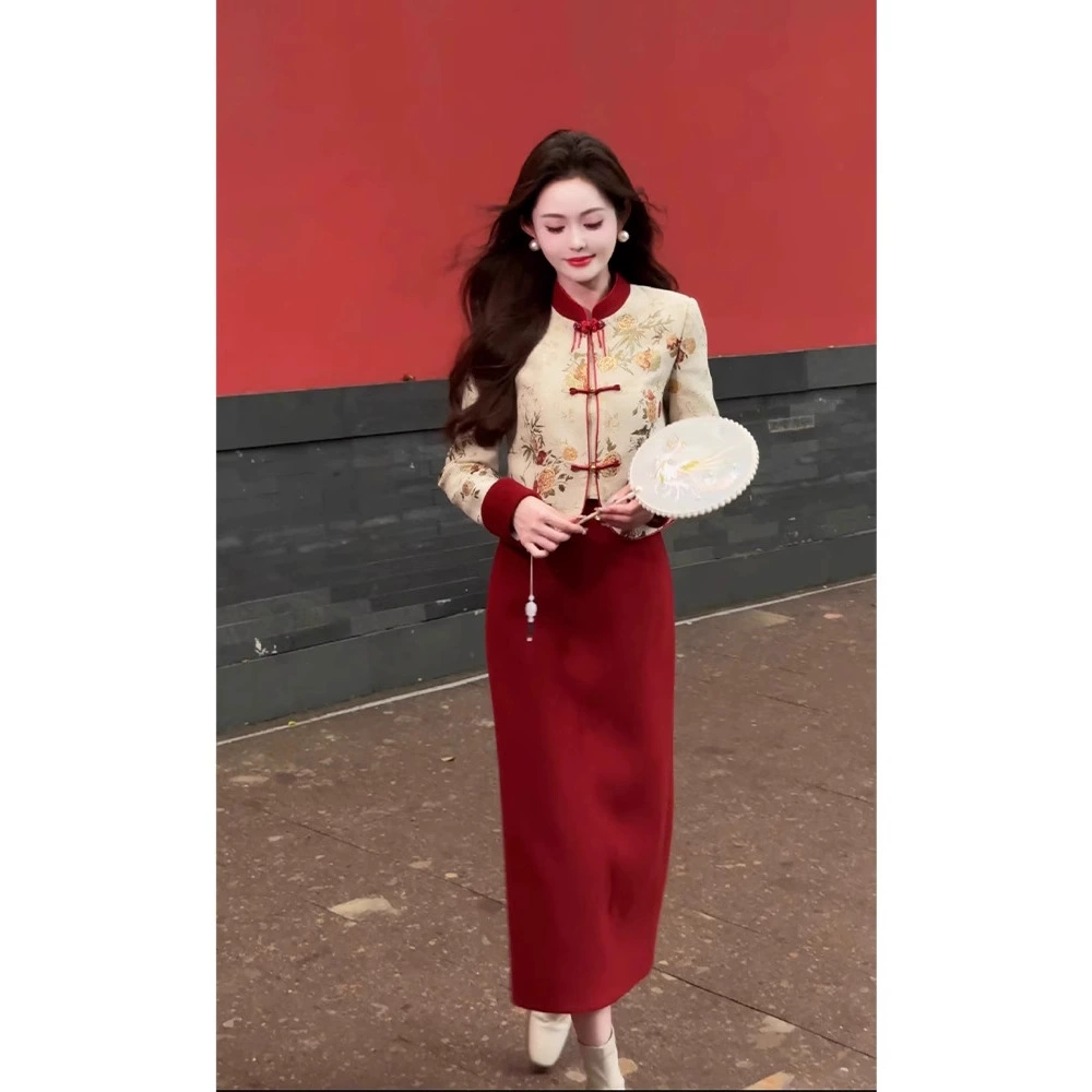 Новый китайский стиль ретро праздничный красный чонсам юбка костюм женский осенний и зимний национальный стиль вышивка хлопчатобумажная куртка юбка