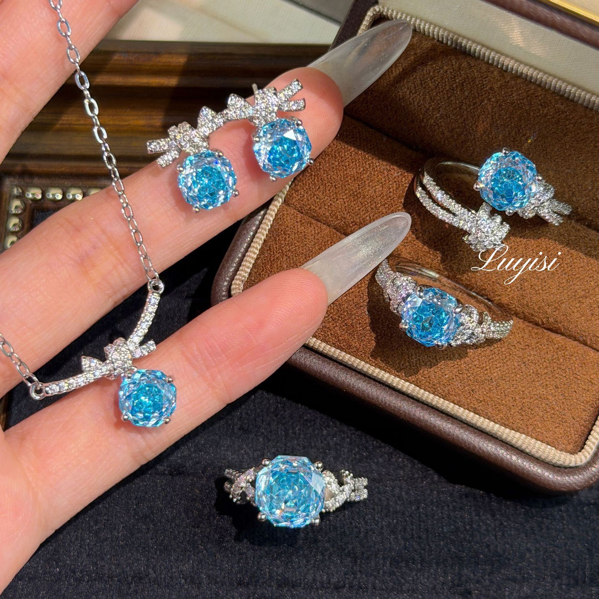 Octagonal Millennium Rose Cut Paraiba Necklace Pendant High Carbon Diamond Purple Diamond Earrings Aquamarine Twisted Ring for Women