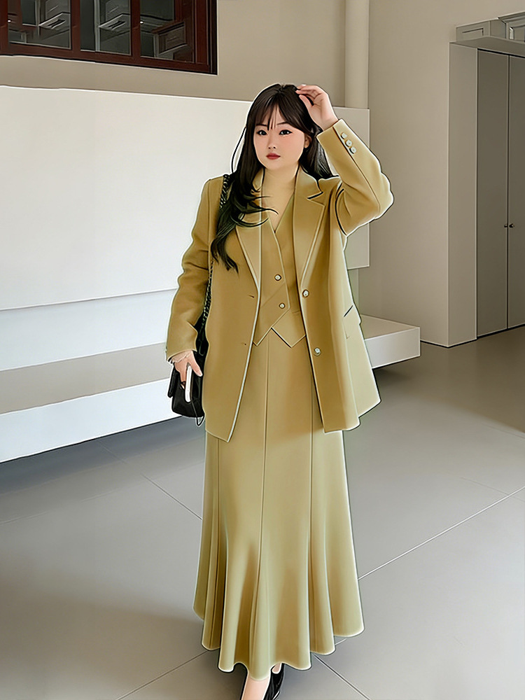 60-150kg Plus Size Women's Suit Vest and A-Line Skirt 2026 Autumn/Winter Style Three-Piece Commuting Suit for Plus Size Women