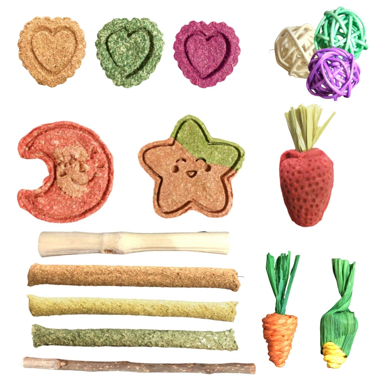 Оптовые закуски для прорезывания зубов для кроликов, хомяков, шиншилл и морских свинок: набор из яблока, дерева, сладкого бамбука и моркови
