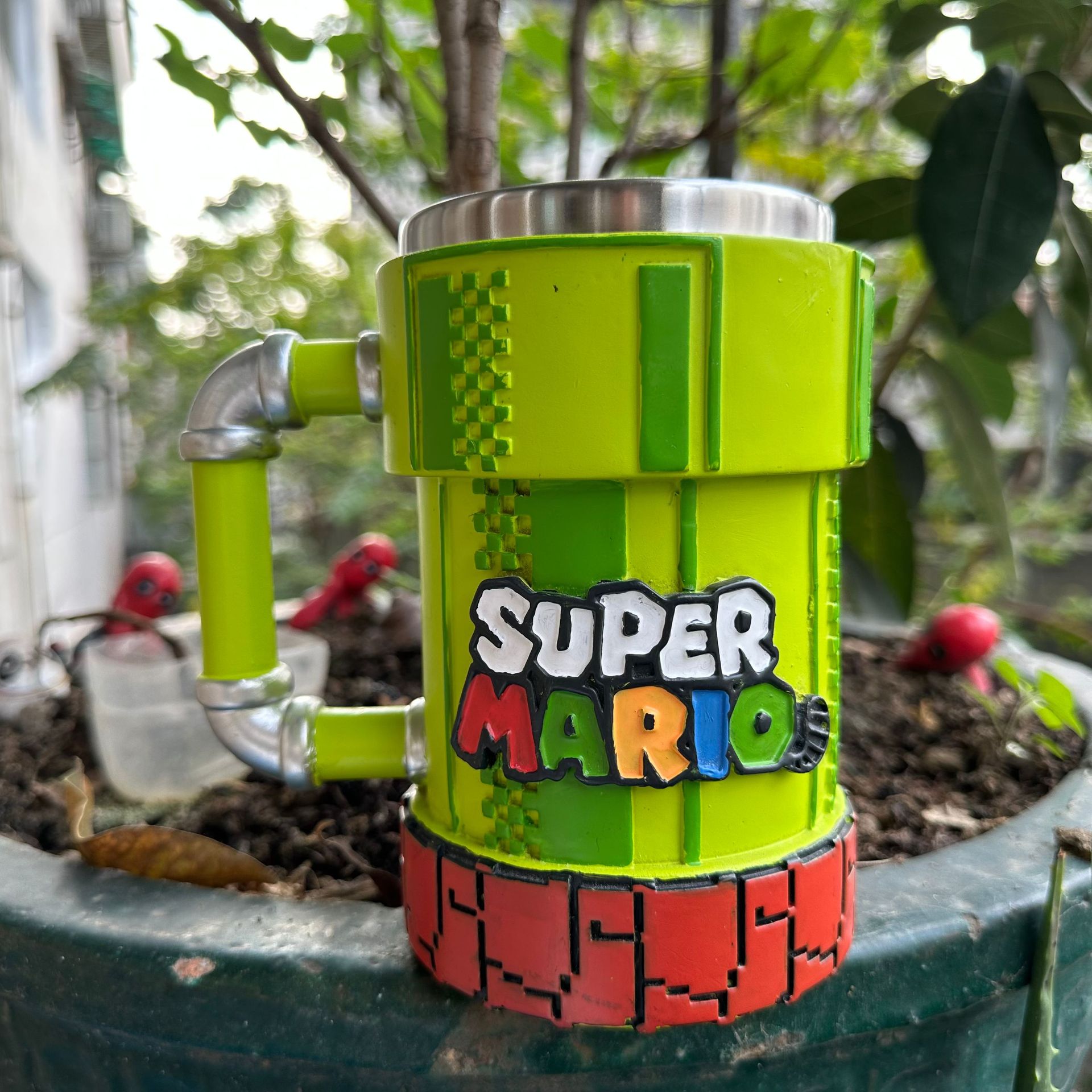 Fábrica Super Mary juego Acero inoxidable tubo de agua boca pixel taza de agua de dibujos animados boca taza de café