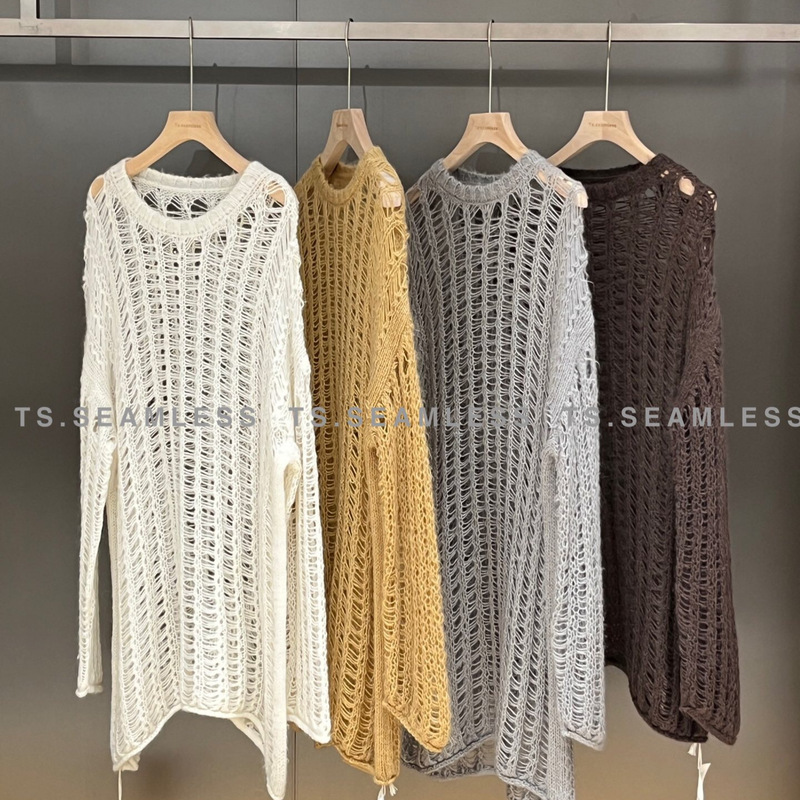 Ts.Seamless Long Mohair Hollow-Out Crew Neck Knit Sweater 1002