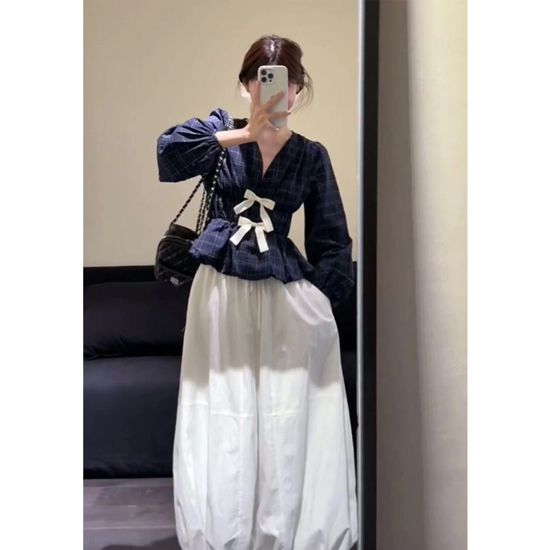 2025早秋新款韩系穿搭蝴蝶结收腰格纹长袖上衣气质高腰花苞半身裙|undefined