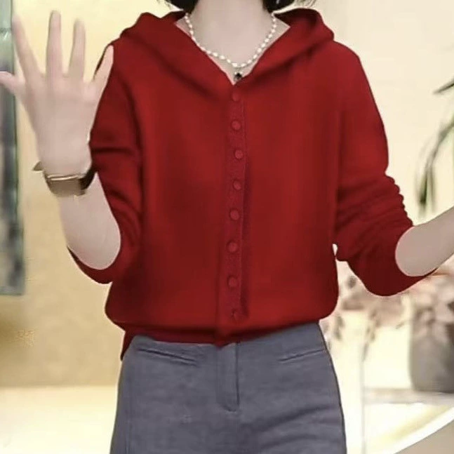 [Снежинка хрустящий] Корейская мягкая клейкая капюшон с капюшоном кардиган женский осенний и зимний ленивый трикотажный свитер