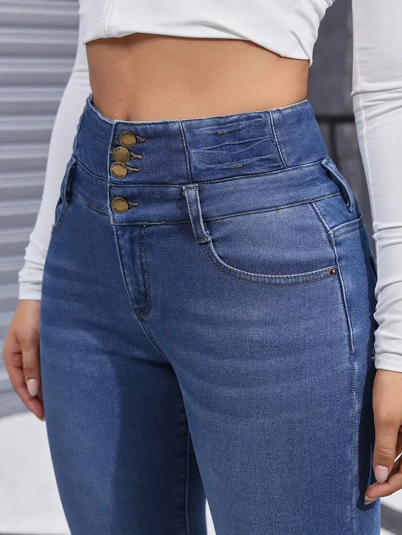 Fashion Versatile Women's Skinny Jeans Fleece Lined Elastic Waist Multi Button Solid Color Autumn Winter New Style_ecoleips.com