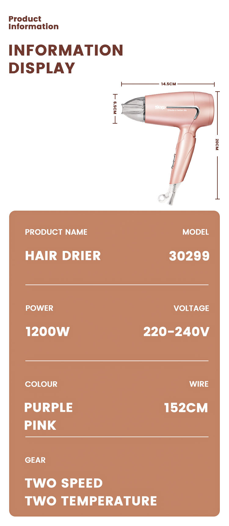 Asciugacapelli DSP Dansong per la cura dei capelli piccoli in casa, asciugatura rapida, temperatura costante, nessun danno ai capelli, piegatura dei capelli pieghevole_voghion.com