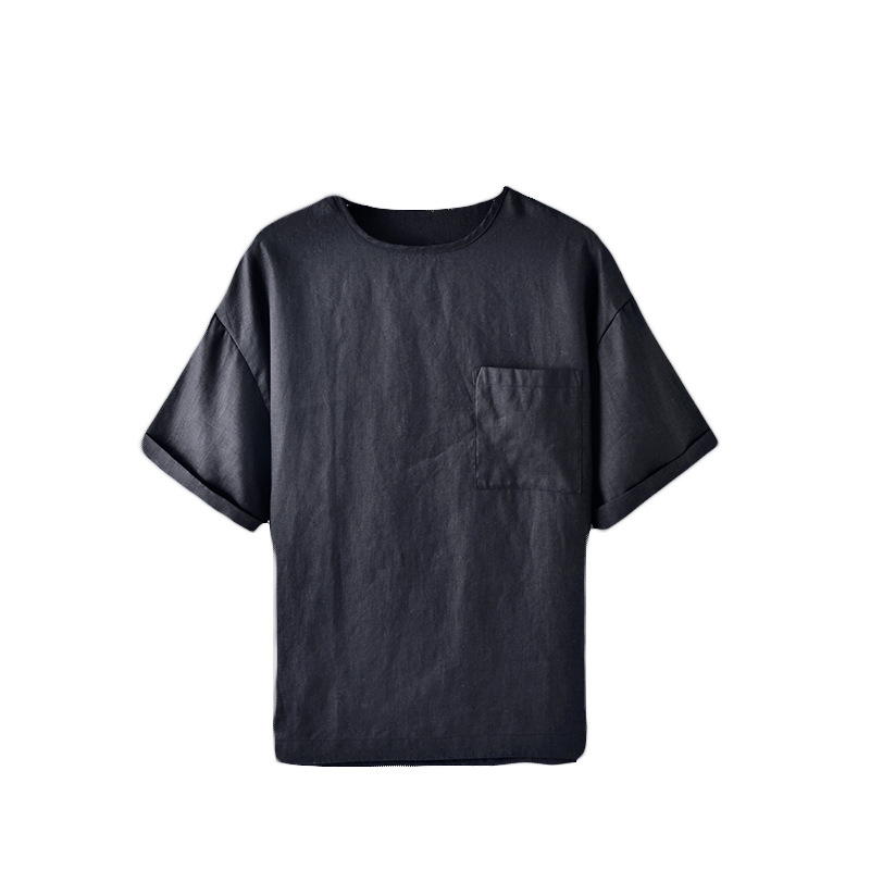 2024 nuevos hombres de lino cuello redondo Camiseta suelta Lino manga corta simple casual fresco verano Top F003