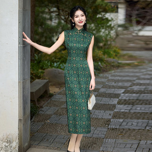 Green Classic Girl Young Style Daily Slim Improved Cheongsam New Retro Elegant Sleeveless Dress Long Style
