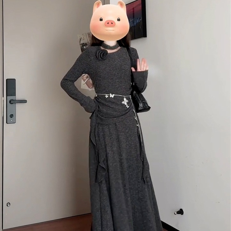 两件套法式灰色针织连衣裙子女秋冬季2025新款小个子穿搭一整套装|undefined