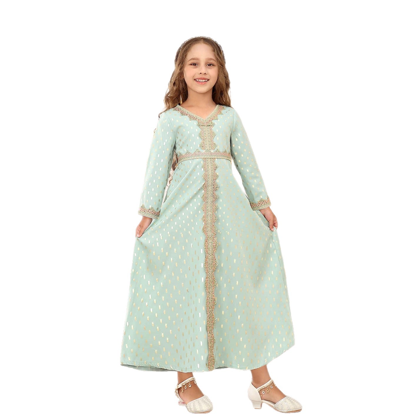 Mädchenkleid im Dubai-Stil mit Print, langen Ärmeln, Kinderbekleidung, orientalischer Stil, langer Rock_voghion.com