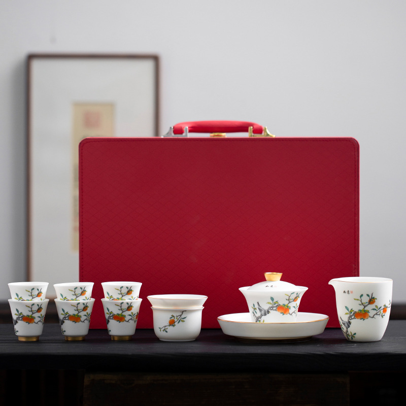 素烧柿柿如意茶具套装礼盒功夫茶具盖碗茶室茶道欧式家用瓷器批发