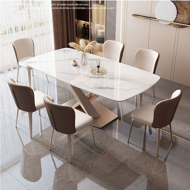 Italian Minimalist Rock Slab Dining Table and Chair Set, Modern Household Rectangular Dining Table for Small Apartments and Living Rooms