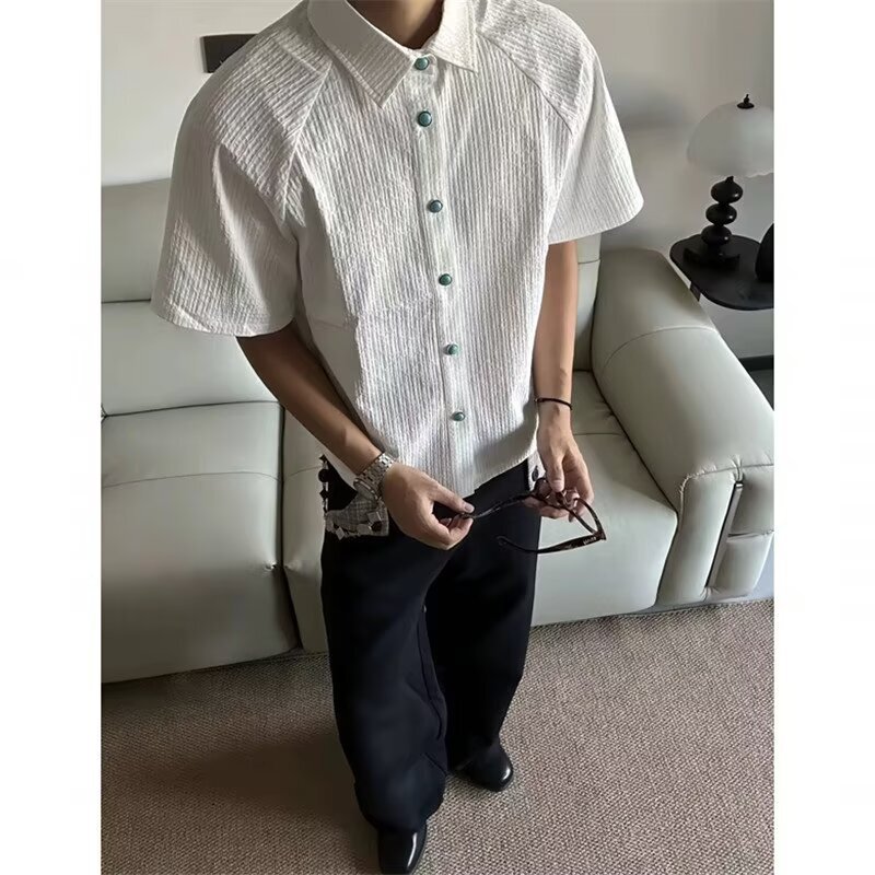 Tears of the Ocean Short-Sleeve Shirt for Men, Trendy Old Money Style, Cool Turquoise Pleated Half-Sleeve Shirt, Cleanfit Jacket