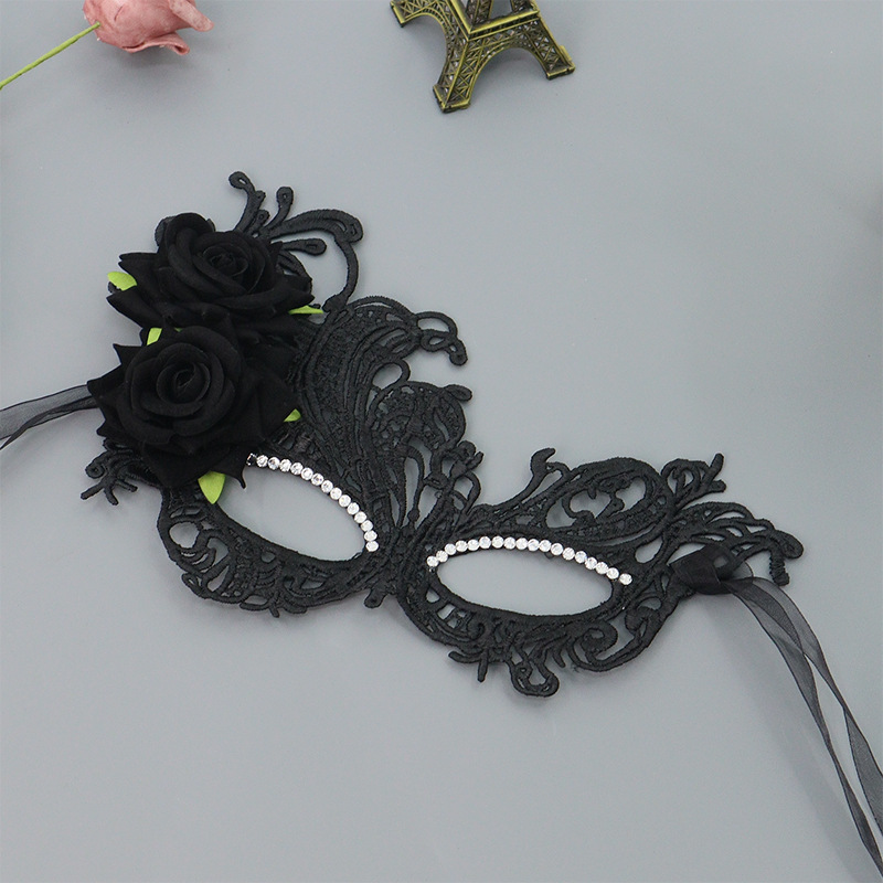 Fiesta de mascarada de Venecia Máscara de encaje sexy misteriosa rosa lateral de diamantes media cara carnaval accesorios de Halloween