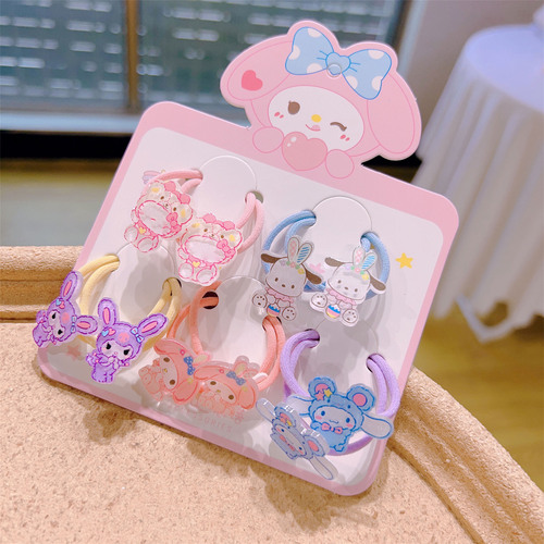 Cartoon set of 5 pairs of small hair ties, children's hair accessories, acrylic baby hair-free rubber bands, cute Kuromi headwear