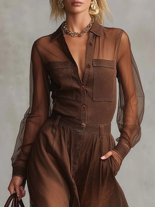 Retro Brown Cotton Maxi Dress With Button V Neck Long Sleeve Organza Stitched For Women European And American Style Independent Website_ecoleips.com