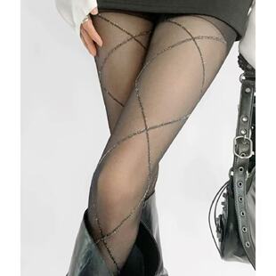 Women's Silver Silk Cross Rhombus Stockings Spring and Summer Ultra-Thin Sexy Slimming Design Rhombus Gray Silk Stockings
