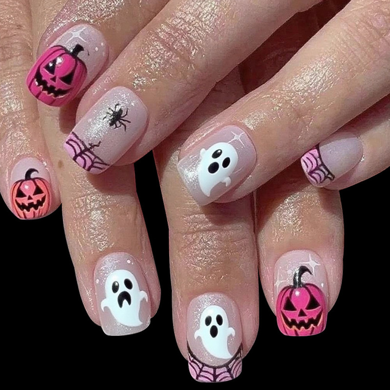 Cross-Border New Halloween Short Square Nail Powder Pumpkin Spider Web Black and White Ghost Fake Nails 24 Pieces Manicure Removable
