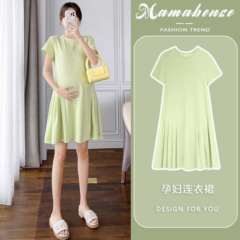 Pregnant Women dress Summer Short-sleeved Thin Small Green Loose Slimming Fashion Hot Mom 2024 New A- line Skirt