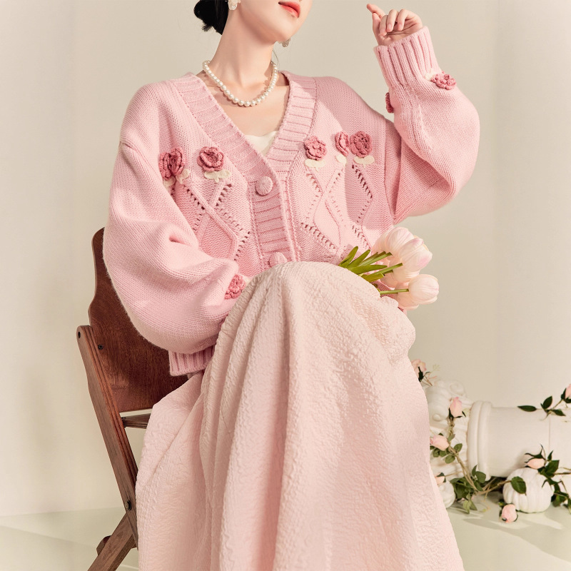 2025春粉色毛衣外套女秋冬慵懒风高级感超好看小香风开衫chic上衣|undefined