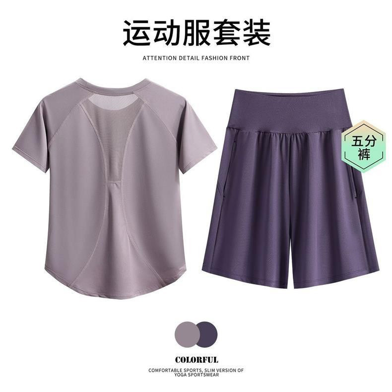 Running Shorts Sports Suit for Women, Summer Plus-Size Loose Fit Slimming Yoga Outfit, Short-Sleeve Aerobic Hiking Quick-Dry Clothing