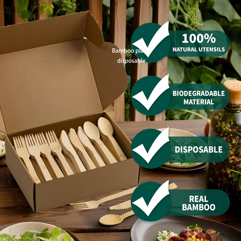 Bamboo Disposable Tableware Knife, Fork and Spoon Cold Meal Party Camping Style Natural Biodegradable Foreign Trade Hot Sale