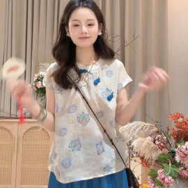 新中式盘扣立领无袖背心衬衫女夏季复古气质减龄宽松显瘦小衫上衣