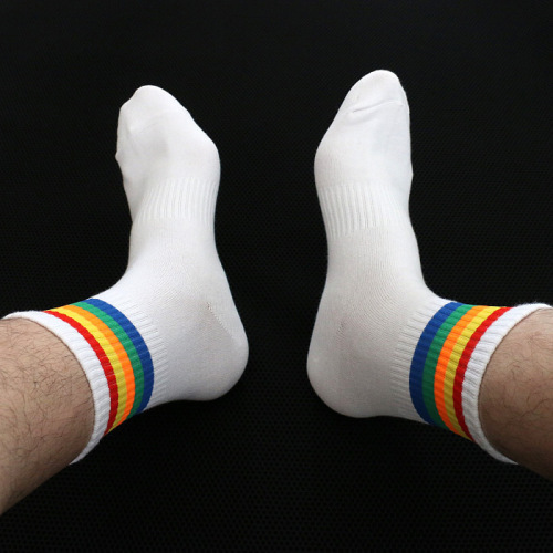 Fashionable casual sports socks spring, summer and autumn thin mid-tube rainbow men's socks college style street socks