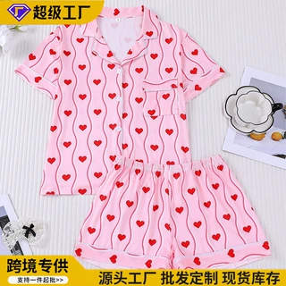 欧美风跨境粉色爱心印花休闲睡衣开衫可外穿家居服睡衣女款夏批发