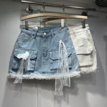 设计感蕾丝系带蝴蝶结短裙韩国chic春夏复古百搭洋气牛仔半身裙女