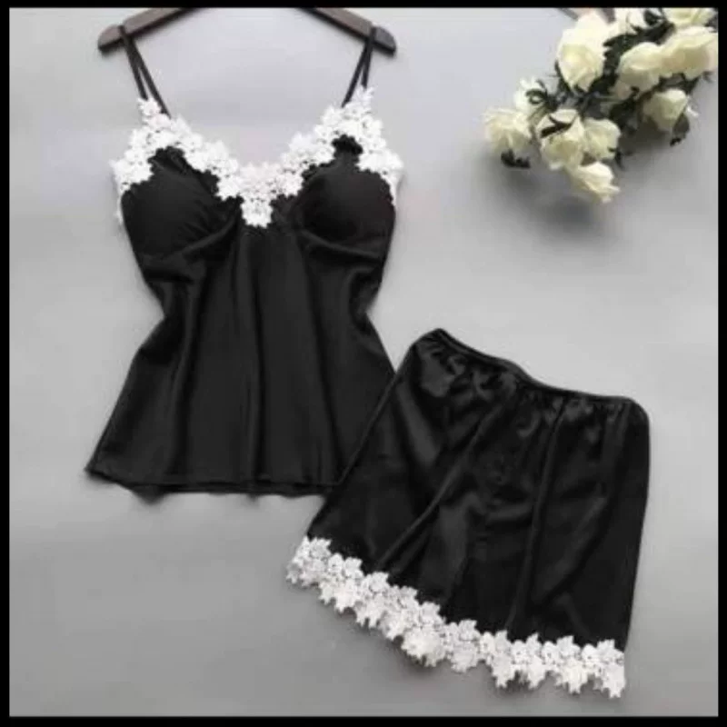 Summer thin sexy split pijama, lace top with cups, shorts, set, lifting effect
