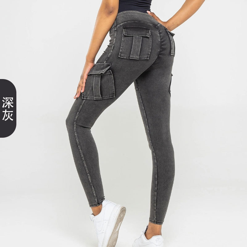 Cruz-frontera exclusivo multi-Bolsillo yoga Denim fitness pantalones mujeres de la cadera plisada crisantemo apretado desgaste exterior trajes Casuales