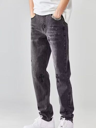 Summer thin denim jeans for men, light blue cross straight leg loose streetwear casual high-street punk cool pants