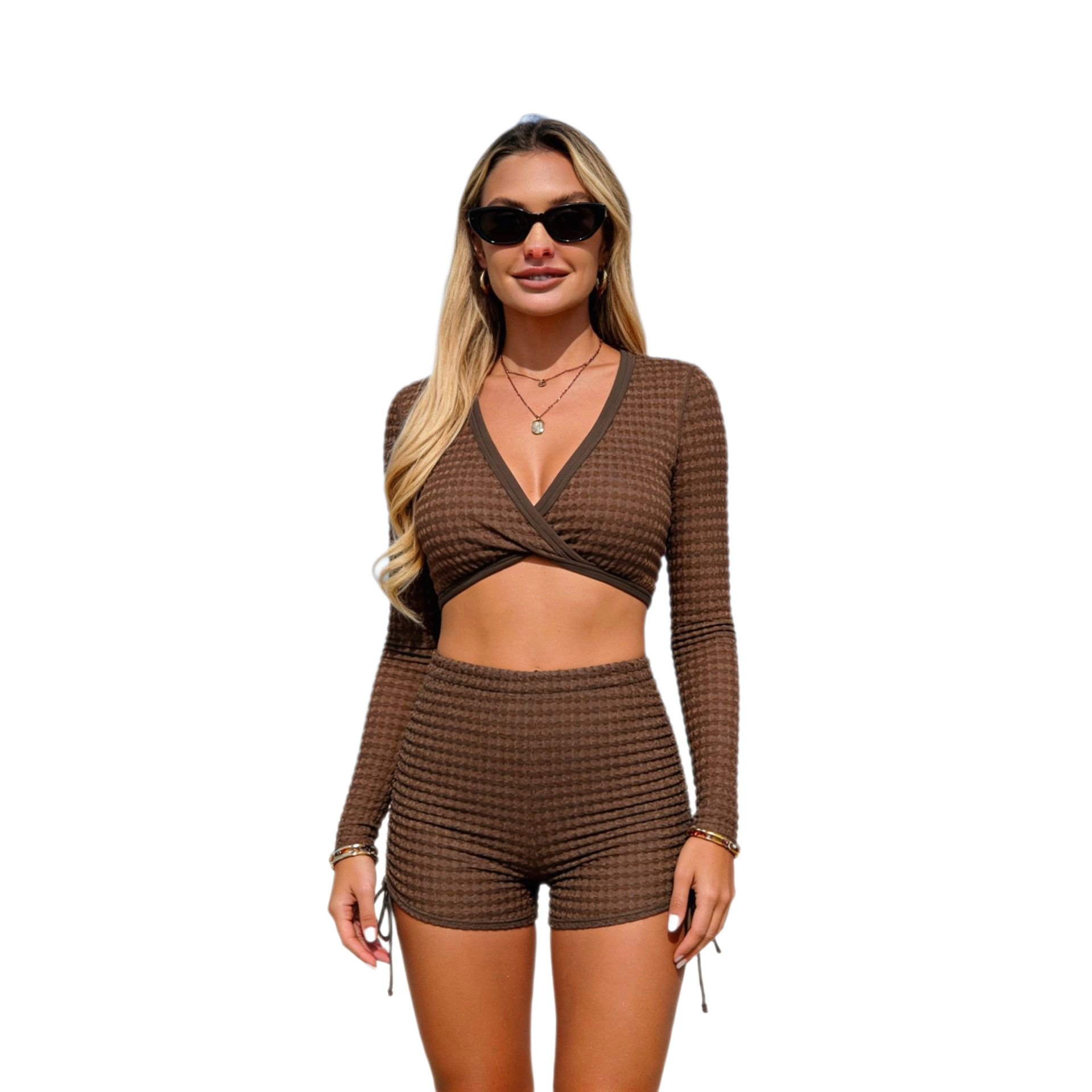 Costume da bagno da donna due pezzi, modello conservatore, a maniche lunghe, con copertura modesta, nero marrone, dalla S alla XL_voghion.com