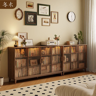 Winter Wood Solid Wood Bookcase Storage Cabinet Integrated Dust-Proof Bookshelf Living Room Home Storage Floor-Standing Lattice Low Bookcase