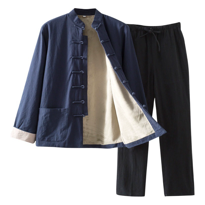 Осенне-зимний костюм Тан, мужской утепленный теплый костюм на флисовой подкладке для людей среднего и пожилого возраста, китайский стиль, ретро, мужской костюм ханьфу Lay