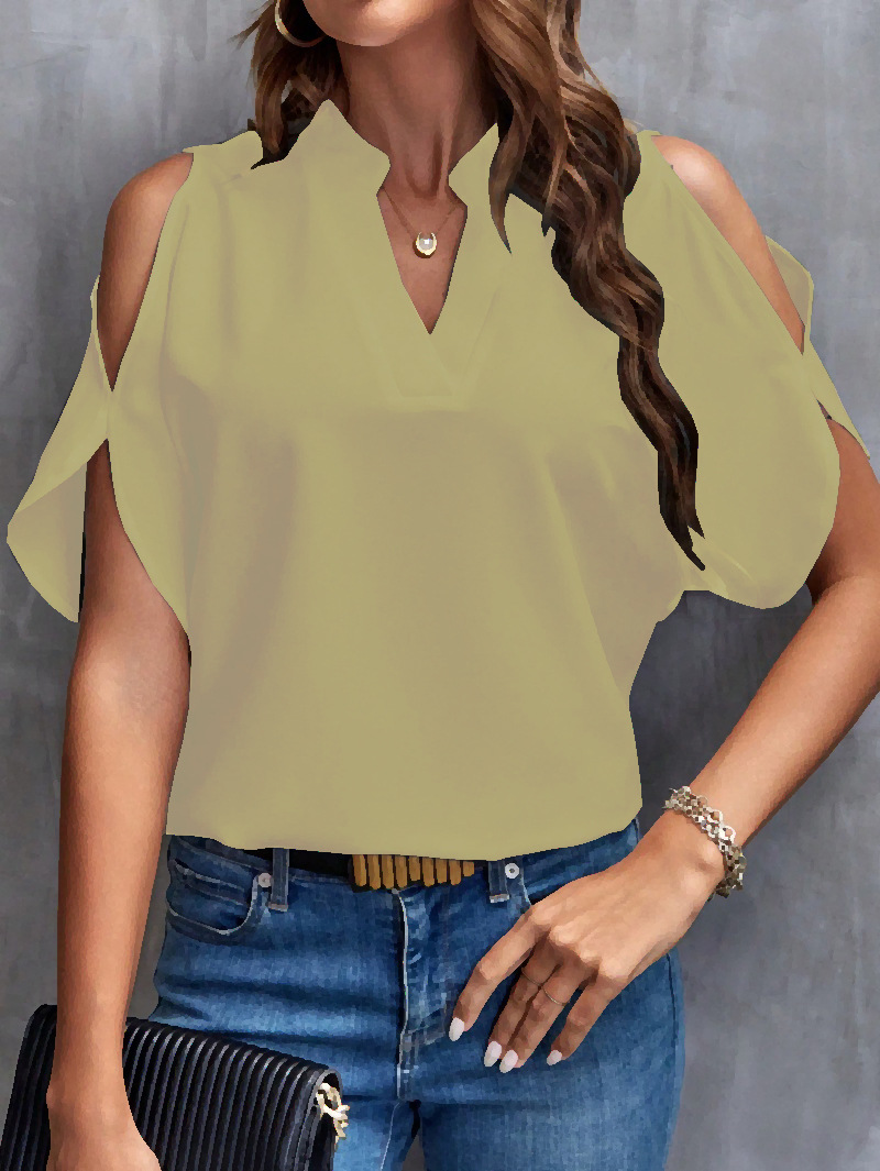 Ropa de Mujer Europea y Americana de Amazon, TikTok y Temu, Verano 2025, Nuevo Top de Mujer con Cuello en V, Elegante y con Hombros Descubiertos