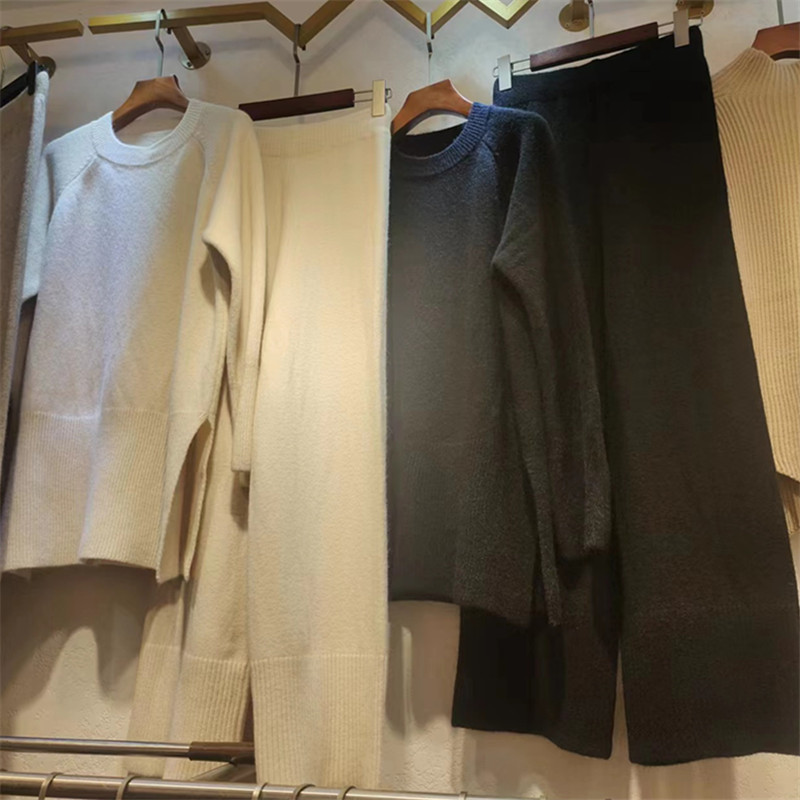 Alto sentido otoño e invierno nuevo suelto split suéter casual pantalones de dos piezas conjunto de luz madura temperamento traje de las señoras