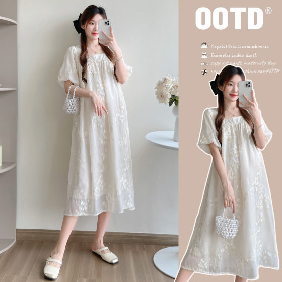 Maternity Wear Summer Dress French Square Collar Age-reducing Embroidered Puff Sleeve Long Skirt Summer Lightweight Breathable Maternity Dress