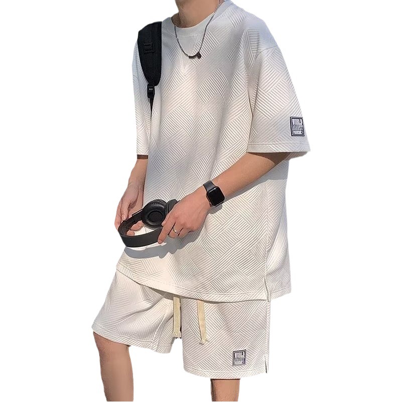 Waffle verano deportes traje de los hombres casual suelta marca de moda camiseta de cinco puntos INS de moda de manga corta pantalones cortos de dos piezas conjunto