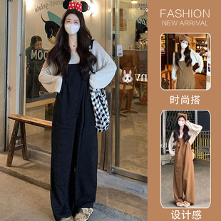 Pregnant women 2023 autumn new slimming versatile suspender wide-leg pants two-piece set suit