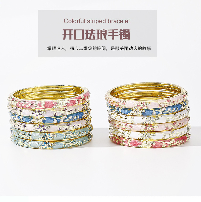 Vintage Enamel Alloy Open Bangle Ethnic Style Peony Flower Hand Ornament Cloisonne Enamel Retro Bracelet Wholesale