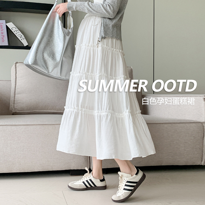 Real Shot of Pregnant Women's White Cake Skirt Summer Lined Outer Wear Mid-Length Skirt Small Plus Size Pregnant Women's Skirt
