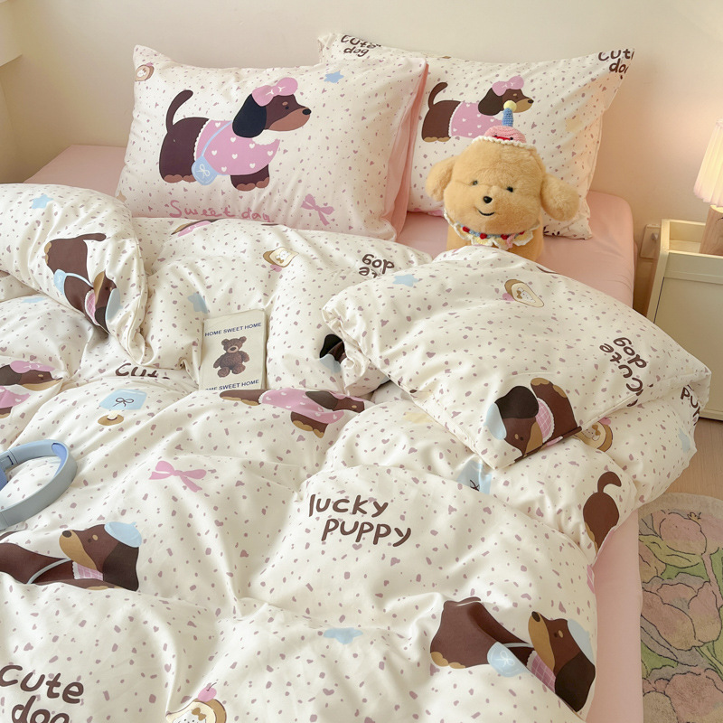 New Spring and Summer Class a Washed Cotton Large Pillowcase Cartoon Four-Piece Set Bed Sheet Fitted Sheet Student Four-Piece Set